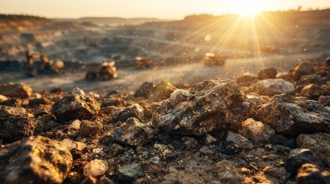 Industrial gold mining operation with an open pit excavation area and soft focus foreground.