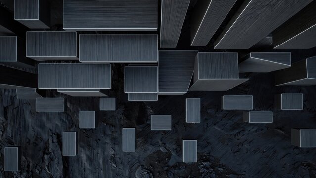 Abstract Geometric Dark Cubes and Rectangles Floating Above Textured Surface.
