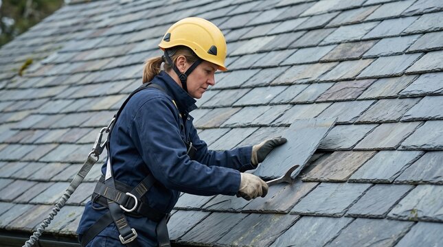 Roofing repair specialist, replacing slate tile, traditional roof restoration work, professional maintenance for durable older residential roofing and property care