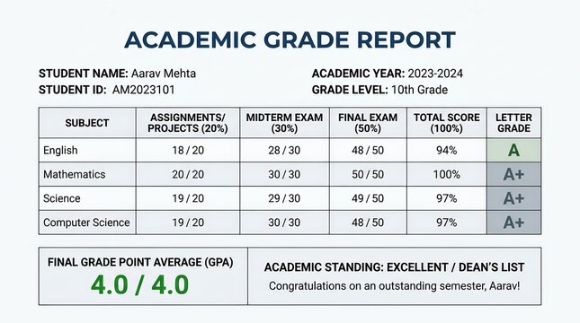 Grade report with student data and final term exam results for academic evaluation.