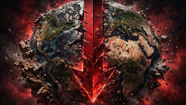Apocalyptic Earth Cracked in Half with Fiery Red Energy.