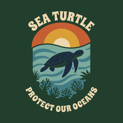 Fototapeta premium Vintage Sea Turtle Protect Our Oceans emblem logo vector illustration featuring sea turtle swimming in ocean with sunset background artwork