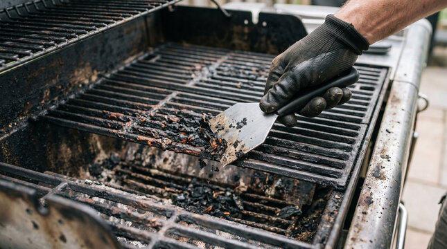 Man cleaning a dirty grill with a spatula and wearing gloves  