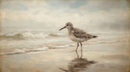 Fototapeta premium Shoreline sandpiper scene in a vintage oil painting style, perfect for coastal wall decor.