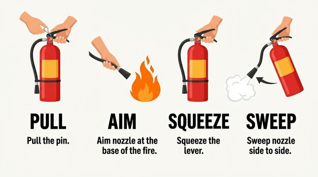 The PASS method for fire extinguisher usage explained for emergency safety preparedness.