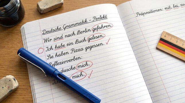 German grammar study notes in a notebook with a fountain pen, eraser, and ruler on a wooden desk