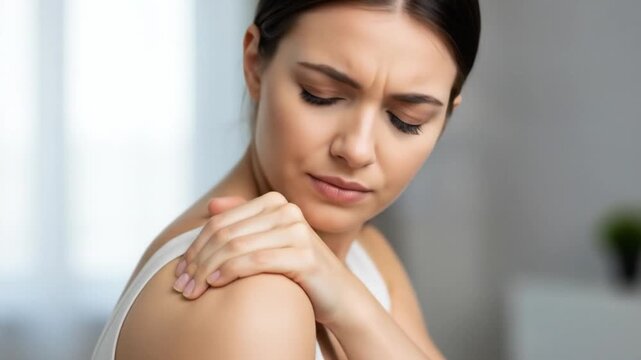 Woman applying skincare product to her neck and shoulder area in a relaxed setting.
