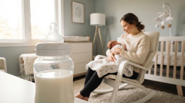 A milk bottle in focus with a mother nursing an infant in a blurred nursery background.