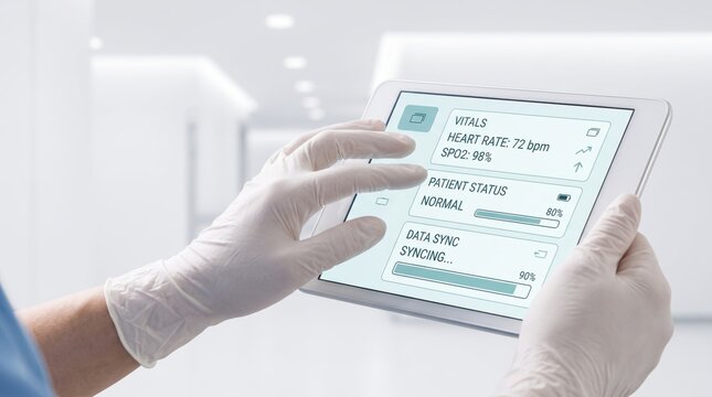 Medical professional wearing gloves monitoring patient vitals on digital tablet displaying heart rate, oxygen saturation, and data sync status in sterile hospital or clinic