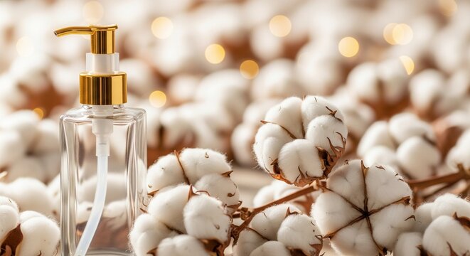 Empty clear glass cosmetic pump bottle with a gold dispenser resting amidst a soft arrangement of natural white cotton bolls