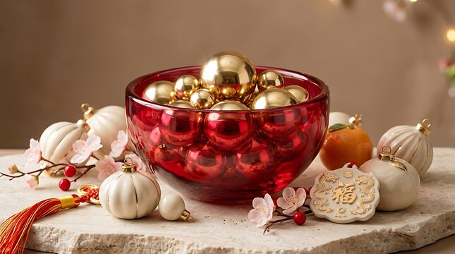 Red bowl filled with gold and red ornaments, surrounded by white objects and pink blossoms.
