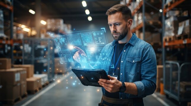 Industrial worker controlling digital inventory through a glowing holographic display and mobile tablet.