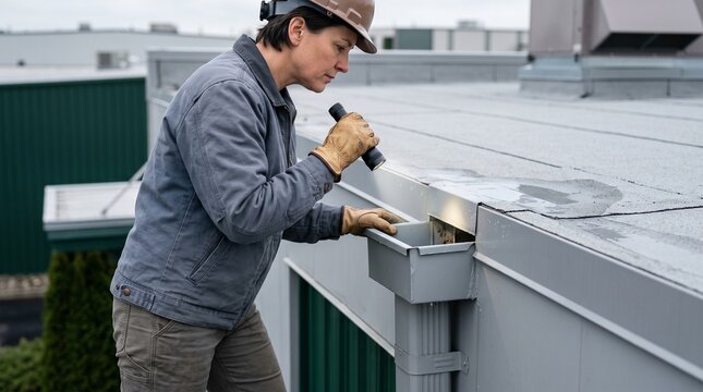 Roofing repair specialist, inspecting roof scupper, commercial drainage outlet after rain, professional water management assessment for building protection