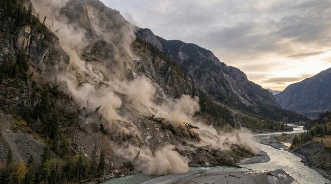 massive rockfall cascading down mountain slope, dust clouds rising over river valley, dramatic natural disaster in alpine wilderness