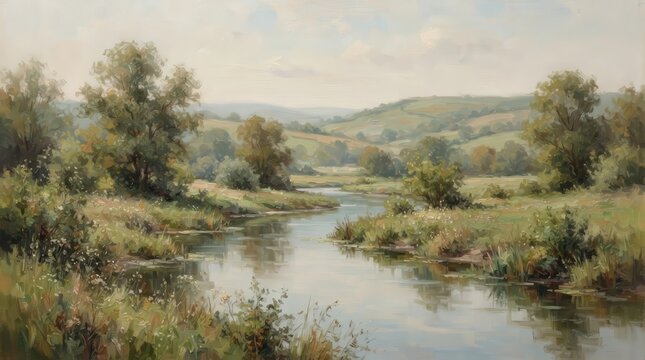 A tranquil country river landscape in a muted vintage artistic style.