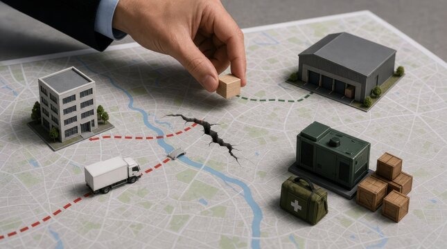 Business continuity planning. Hand placing a small block on a city map with model buildings, trucks, and a cracked road representing logistics or planning.