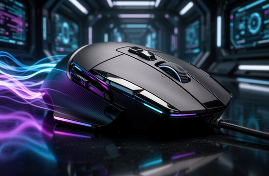 Sleek Black Gaming Mouse with Glowing RGB Lights on Dark Surface