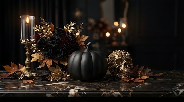 Elegant Halloween still life with matte black pumpkin and ornate golden skull on a dark marble table with candles for gothic luxury holiday decoration