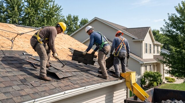 Roofing repair crew, removing worn shingles, controlled residential roof tear off, safe professional preparation for replacement and exterior renovation