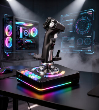 Immersive Gaming Station with Joystick, Glowing PC, and Holographic Display