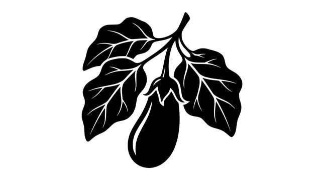 Black and white illustration of an eggplant on a branch with leaves, isolated on white background