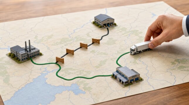 Business continuity planning. A hand moves a truck model on a map connecting factories and warehouses, illustrating supply chain logistics.