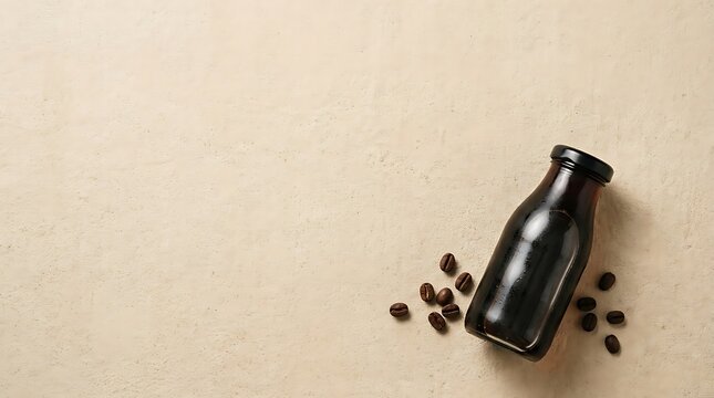 Cold Brew Coffee Bottle with Roasted Beans on Beige Background