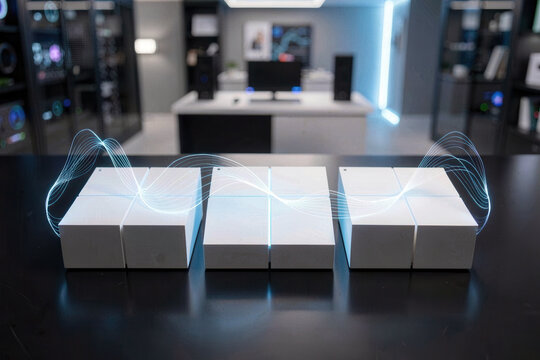 Illuminated Data Streams Connecting Minimalist Blocks in a Modern Office