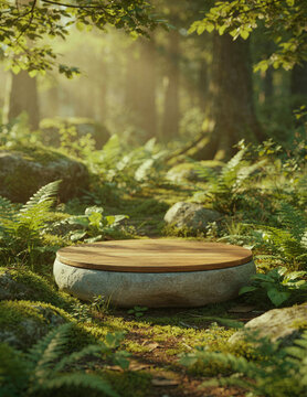 Round stone and wood product display podium in a sunlit forest with ferns moss and trees in background
