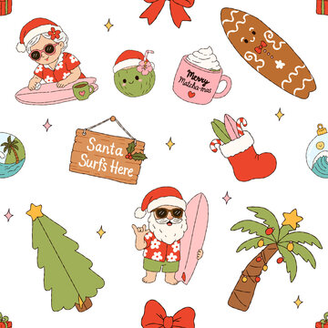 Surfing Santa and Mrs Claus Tropical Christmas Pattern