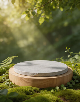 Round wooden podium with white stone top surrounded by green moss ferns and leaves in soft sunlight