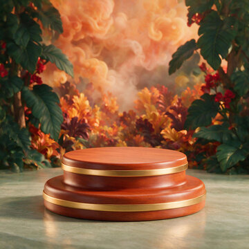 Wooden two-tier round product display podium with gold trim rings on marble surface, tropical autumn floral background