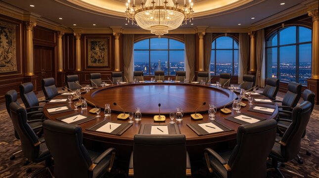 Luxurious round conference table set in an opulent room with leather chairs, city view windows, and a grand chandelier overhead.