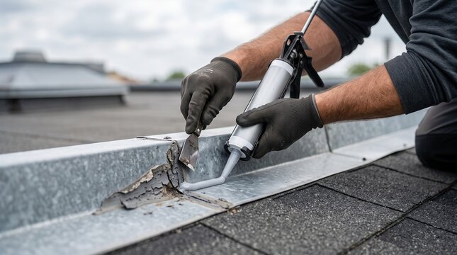 Roofing repair detail, resealing metal flashing, precise weatherproof joint maintenance, professional minor roof repair for leak prevention and building protection