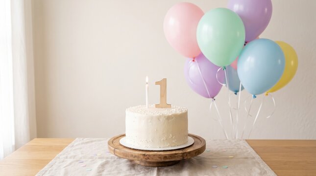 A simple white cake with a "1" candle on top sits on a wooden stand with pastel-colored balloons in the background.