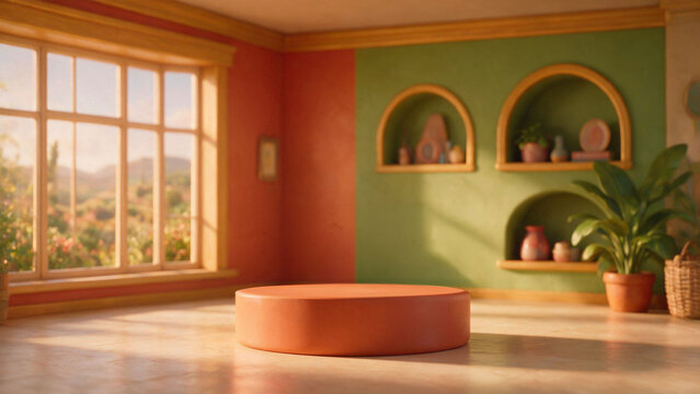Terracotta round podium display stand in warm boho interior room with green wall and sunlight