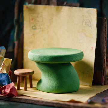 A miniature artist's studio: an imaginative small-scale diorama featuring a tiny wooden chair and a uniquely shaped green podium, set against an aged paper backdrop adorned with childlike line drawing