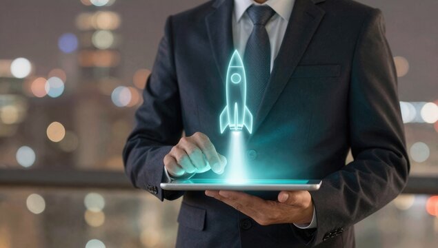 Startup rocket launch hologram rising from tablet in businessman hands, symbolizing business growth, innovation strategy, digital transformation, project success and technology development concept.