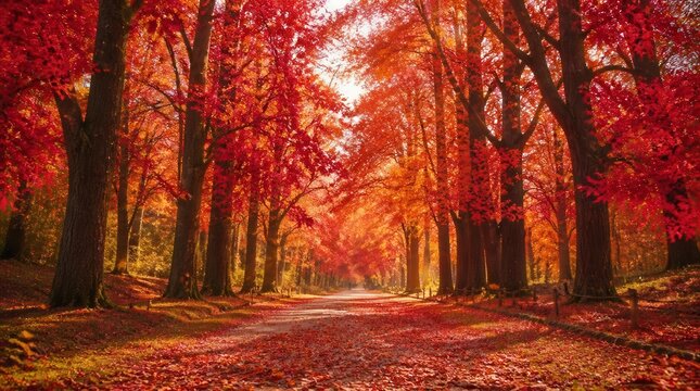 Vibrant red autumn forest tree alley wallpaper banner stock photography