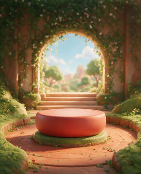 A 3D cartoon-style podium set in an abandoned, overgrown, yet warm and inviting location, with an arched doorway in the background leading outside.