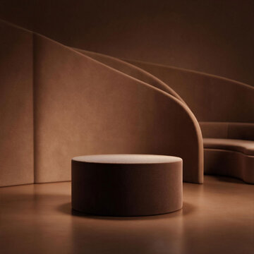 A modern, round, brown velvet-covered podium set against an abstract curved backdrop.