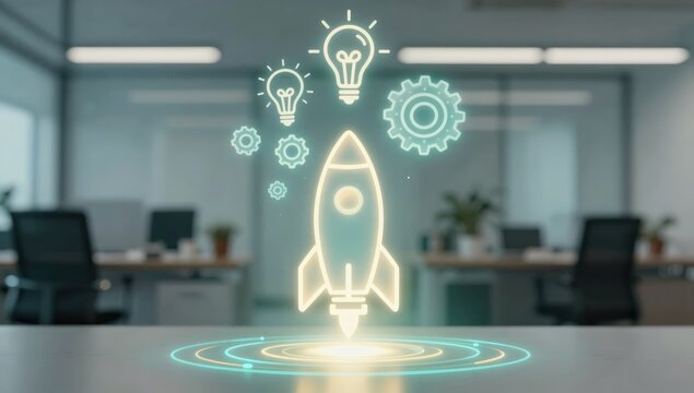 Startup rocket launch hologram rising from tablet in businessman hands, symbolizing business growth, innovation strategy, digital transformation, project success and technology development concept.