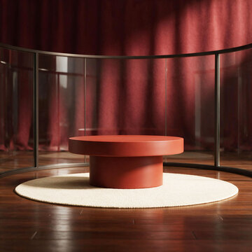 An elegant, round red display stand, perfect for showcasing jewelry and premium products, set against a backdrop of glass and velvet curtains.