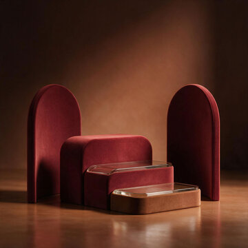 A luxurious red velvet podium, ideal for high-end jewelry and premium products.