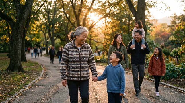 Multi-generational Asian family walking along a park path at sunset, grandmother holding grandson's hand during an autumn outing, representing family bonding and an active lifestyle.