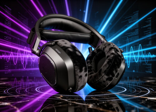 HighTech Gaming Headphones with Neon Lights and Digital Sound Waves