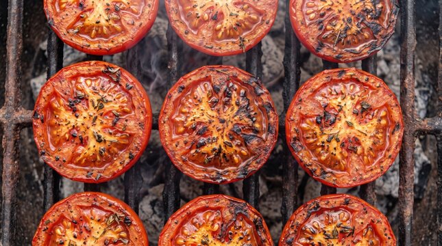 Charred tomato slices cooking on a grill, releasing smoke and showcasing a rustic, smoky flavor.
