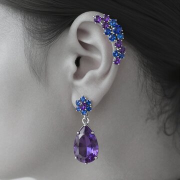 Elegant ear cuff and drop earring set with amethyst and sapphire gems