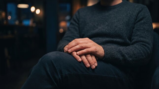 Man sitting comfortably in chair at home, evening relaxation, casual lifestyle portrait, cozy atmosphere, hands folded on lap, warm lighting, indoor leisure time, peaceful moment