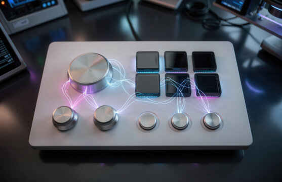 Sleek Digital Mixer Interface with Colorful Luminous Lines and Dials